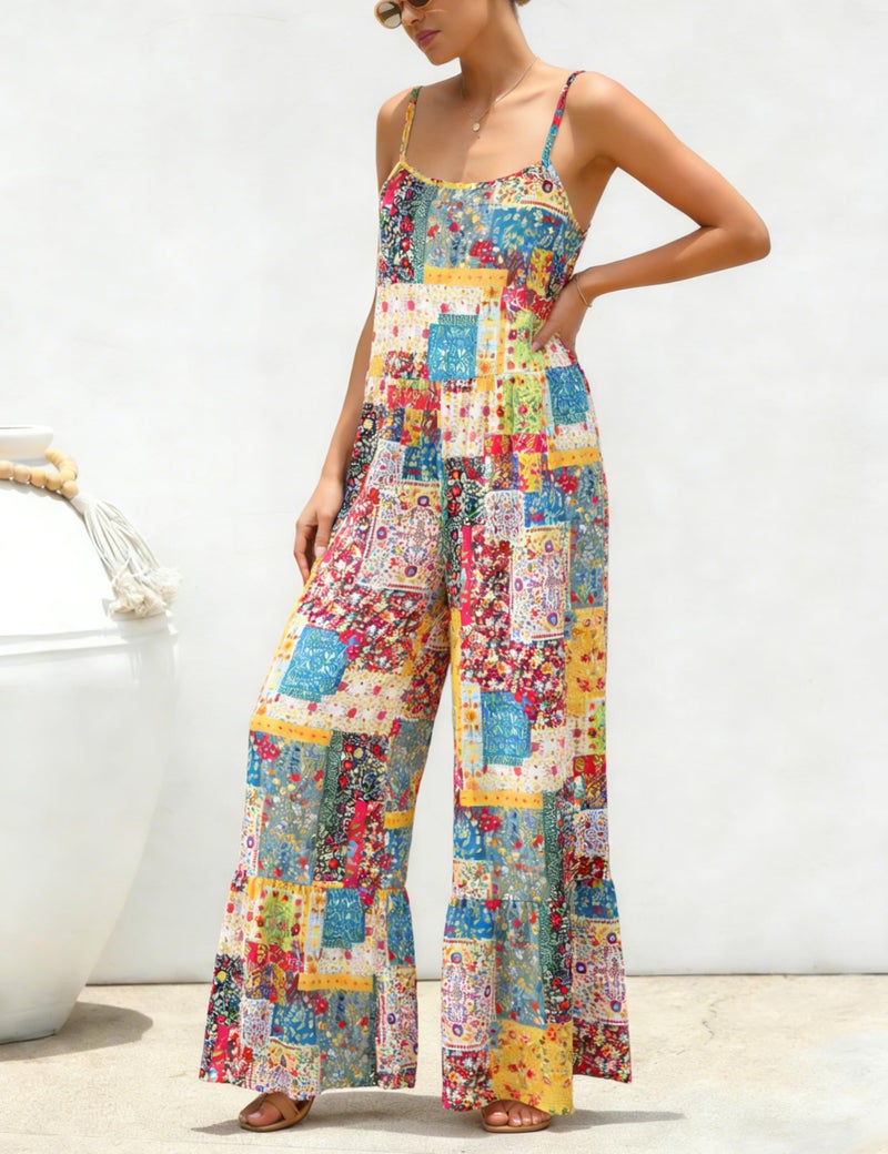 Himosyber Women's Summer Boho Jumpsuits Casual Wide Leg Bib Overalls Floral Print Rompers with Pockets (Yellow-S) - Image 3