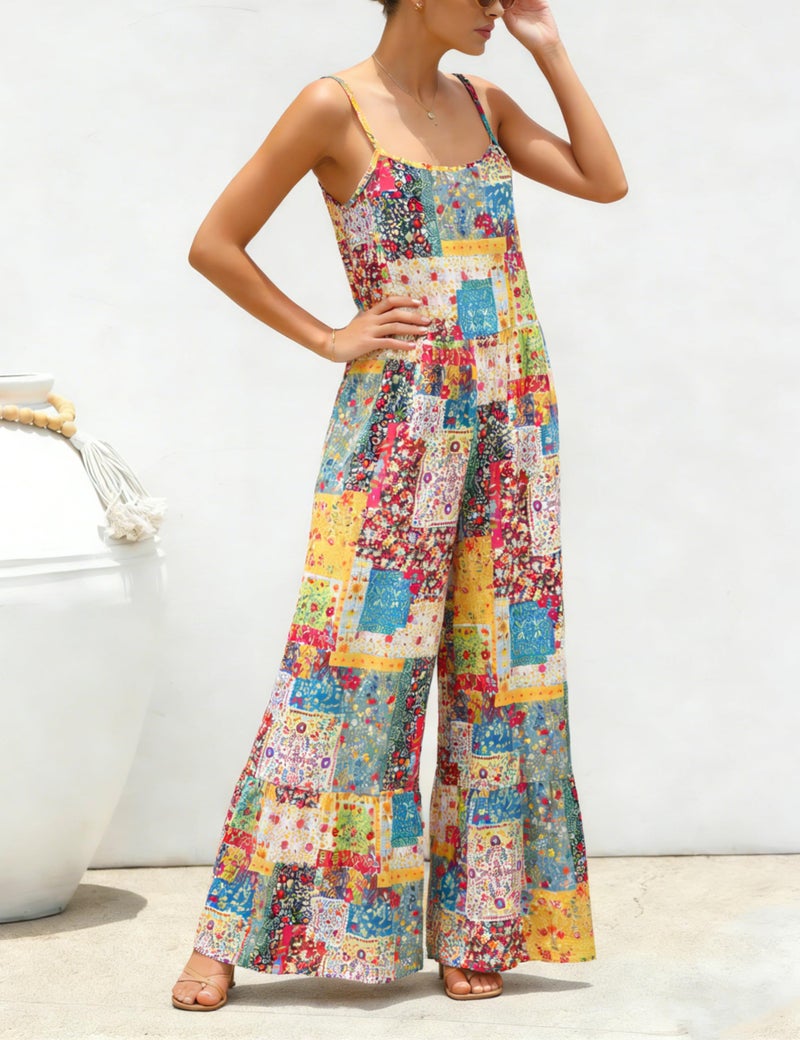 Himosyber Women's Summer Boho Jumpsuits Casual Wide Leg Bib Overalls Floral Print Rompers with Pockets (Yellow-S) - Image 2