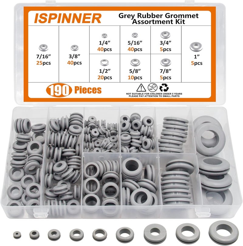 ISPINNER 190pcs Rubber Grommet Assortment Kit, 9 Sizes Eyelet Ring Gasket 1/4" 5/16" 3/8" 7/16" 1/2" 5/8" 3/4" 7/8" 1" (Grey) - Image 1