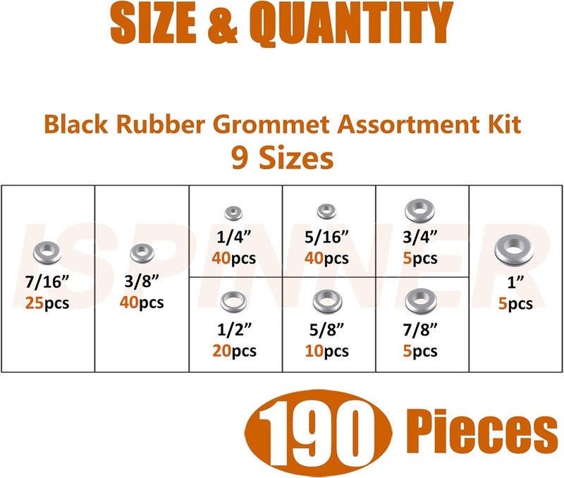ISPINNER 190pcs Rubber Grommet Assortment Kit, 9 Sizes Eyelet Ring Gasket 1/4" 5/16" 3/8" 7/16" 1/2" 5/8" 3/4" 7/8" 1" (Grey) - Image 2