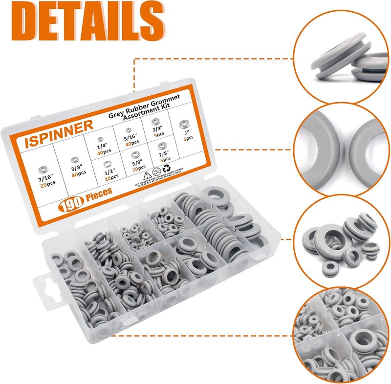 ISPINNER 190pcs Rubber Grommet Assortment Kit, 9 Sizes Eyelet Ring Gasket 1/4" 5/16" 3/8" 7/16" 1/2" 5/8" 3/4" 7/8" 1" (Grey) - Image 3