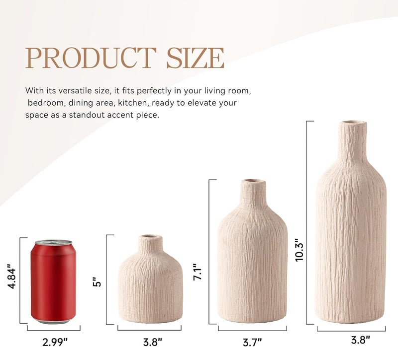 Vanselia Ceramic Vase Home Table Decor - White Flower Vase Set of 3 Living Room Kitchen Decorations Farmhouse Modern Rustic Vases Decorative Centerpiece for Shelf Bedroom Office Bathroom Dining Coffee Desk - Image 2