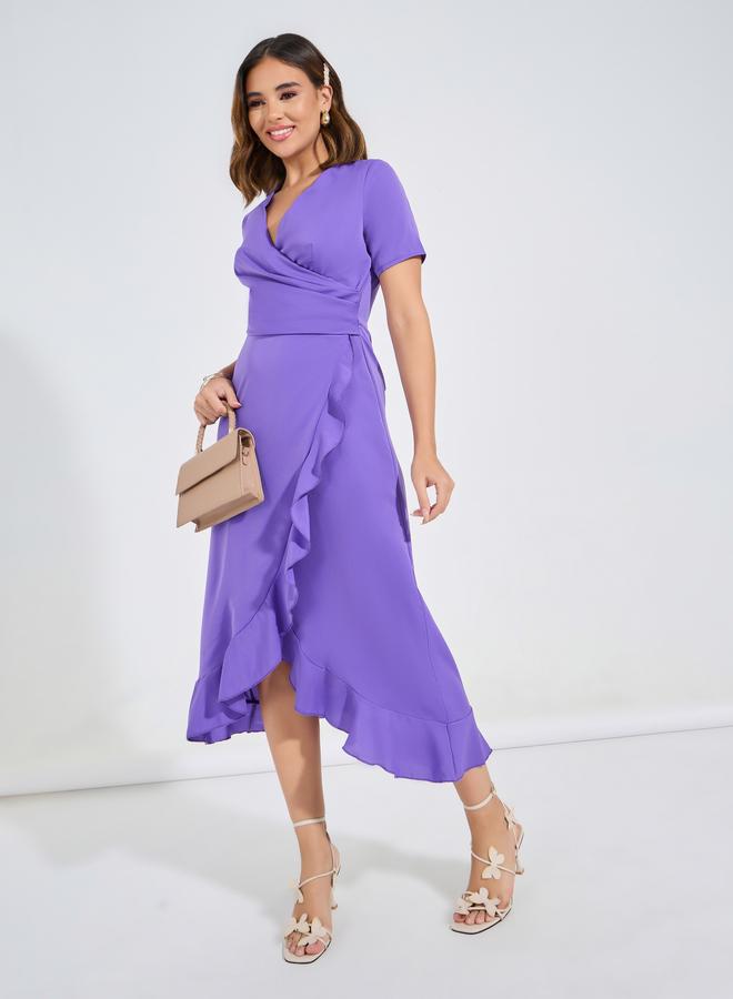 تايك تو فستان ميدي سادة بحواف كشكش - Image 1