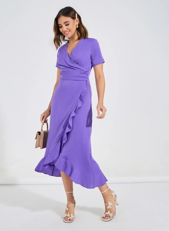 Take Two Take Two Ruffle Hem Wrap Front Midi Dress