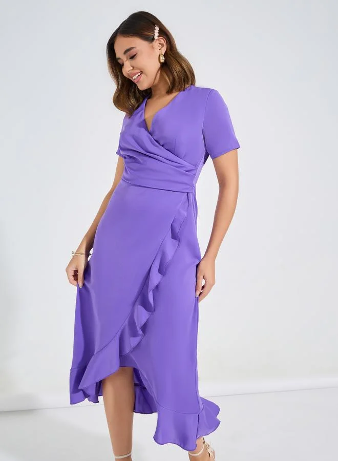 Take Two Take Two Ruffle Hem Wrap Front Midi Dress