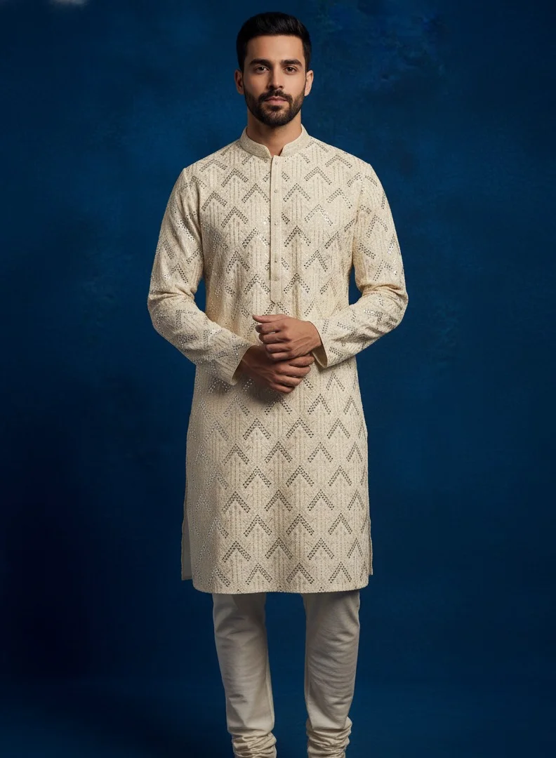 Lehar Cream Mirror Work Kurta Set