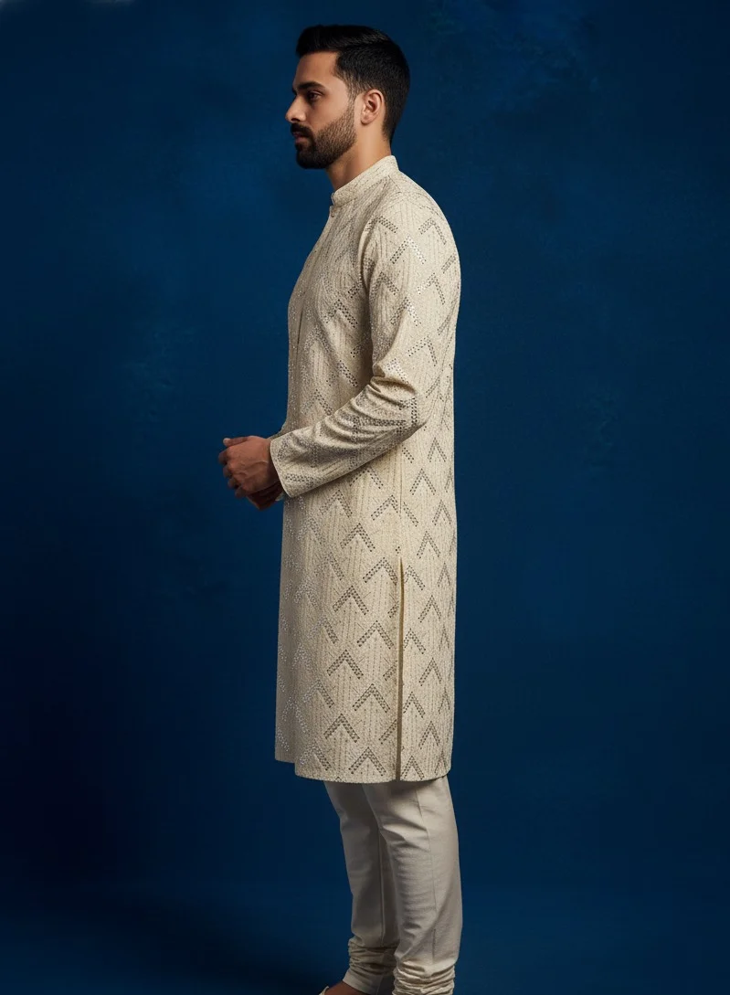 Lehar Cream Mirror Work Kurta Set