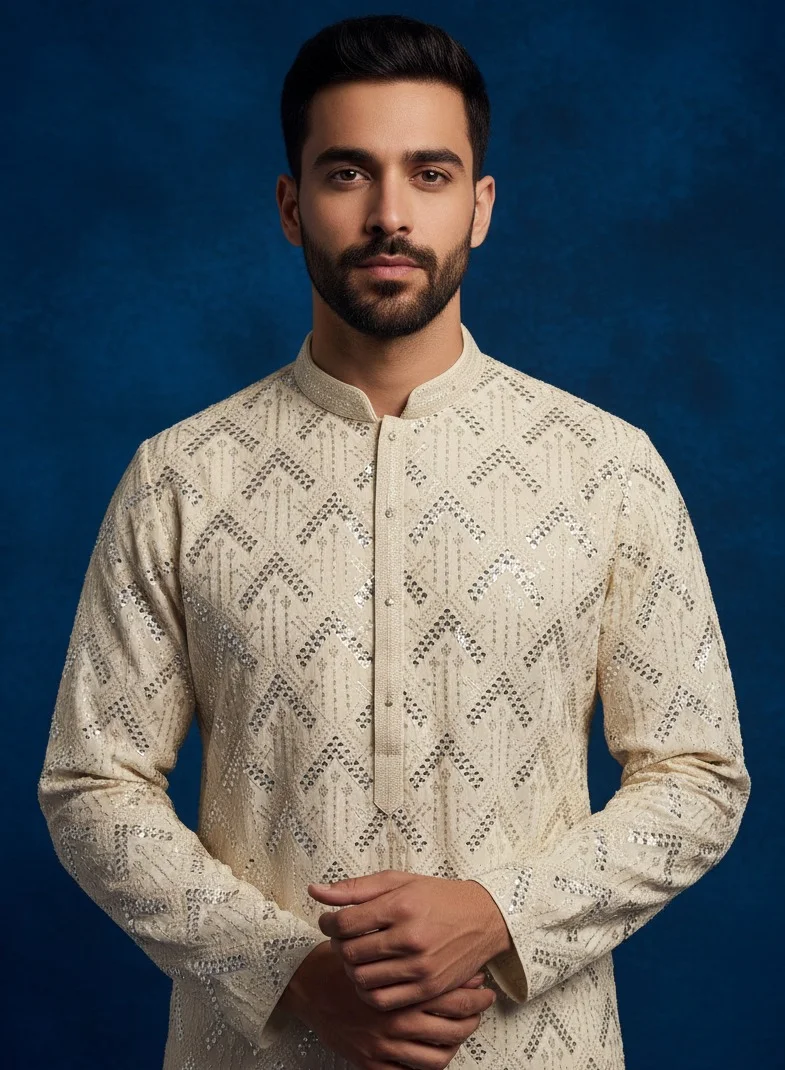 Lehar طقم كُرتا بتطريز المرايا باللون الكريمي