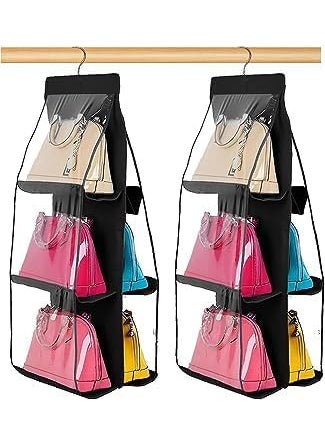 Swimero Swimero2pic NonWoven Fabric 2Pcs Combo 6 Pocket Foldable Hanging Purse Handbag Organizer For Storage Ladies Women Large Clear Hand Bag Storage Organizer 2 Pcs multicolor  - Image 1