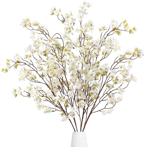 Sggvecsy Artificial Cherry Blossom Flowers 4 Pcs Faux Cherry Blossom Stems Faux Silk Cherry Blossom Branches 41 Fake Flowers Long Stems for Vase Arrangements Home Wedding Table Decor White - Image 1
