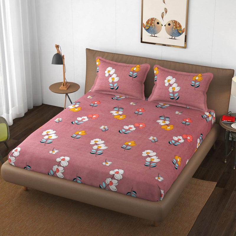BLUSH & BLOOM Super Soft Cotton Feel All Round Elastic Fitted Double Bedsheet with 2 Pillow Covers- 72 x 78 x 8 Inches, 182 cm x 198 cm x 20 cm-Violet - Image 1