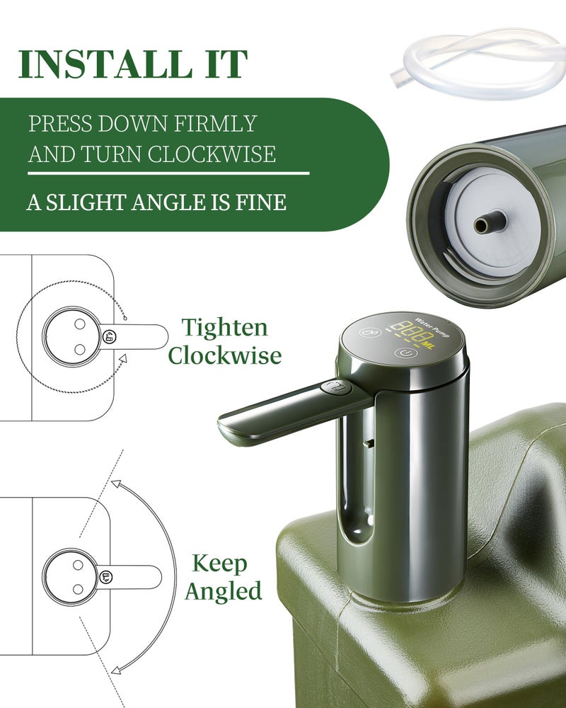 UPWOIGH Automatic Water Pump for Square Camping Water Jug, Screw-Lock Fit 1.97in (50mm) Outer Thread Only, Type-C Rechargeable Touch Dispenser, Green, Not for Standard Bottles - Image 4