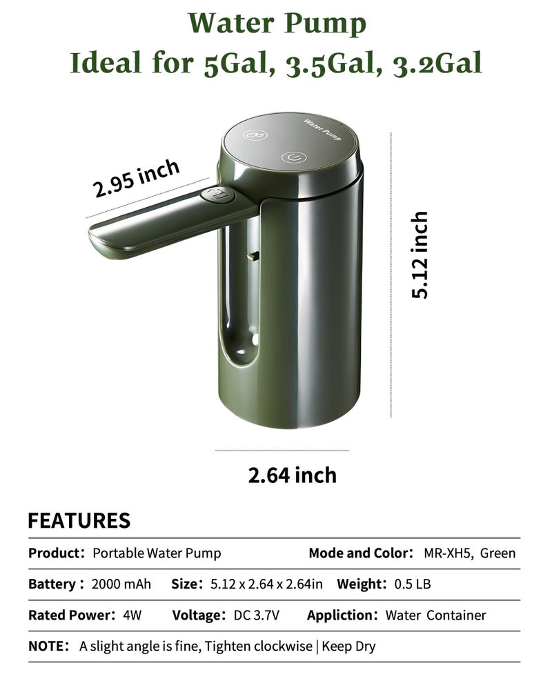 UPWOIGH Automatic Water Pump for Square Camping Water Jug, Screw-Lock Fit 1.97in (50mm) Outer Thread Only, Type-C Rechargeable Touch Dispenser, Green, Not for Standard Bottles - Image 5