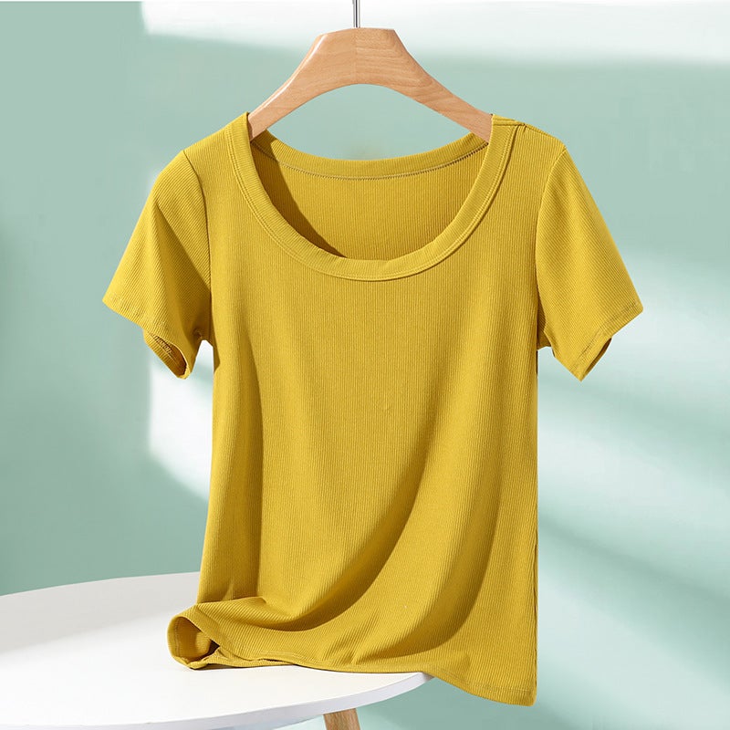 Threaded Short-Sleeved T-Shirt Women'S Summer Outer Wear Knitted Round Neck Base Shirt With Solid Color Thin Foreign Style All-Match Top - Image 1