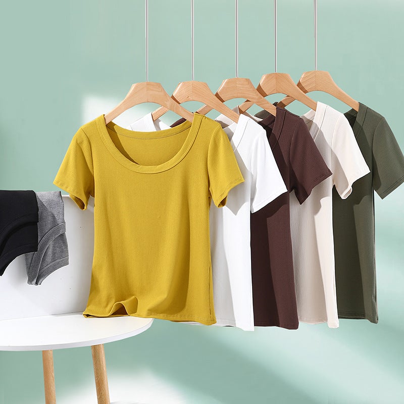 Threaded Short-Sleeved T-Shirt Women'S Summer Outer Wear Knitted Round Neck Base Shirt With Solid Color Thin Foreign Style All-Match Top - Image 3
