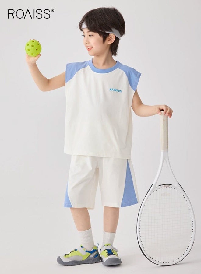 roaiss Boys 2PCS Sportswear Set, Color Block Crew Neck Tank Top and Elastic Waist Shorts, Soft Breathable Quick-drying Activewear Outfit for Kids, Ideal for Tennis, Running, Casual Play and Outdoor - Image 1