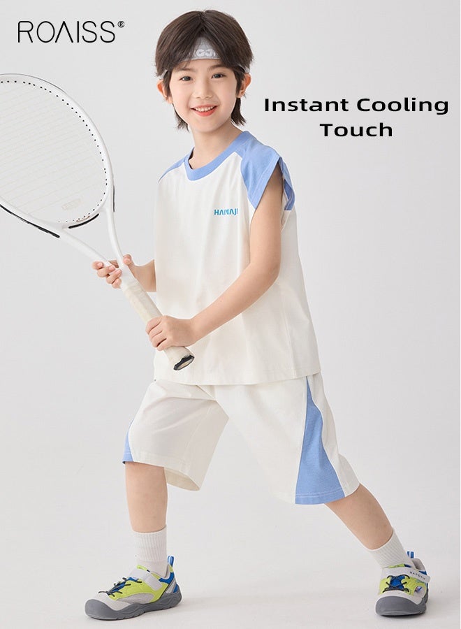 roaiss Boys 2PCS Sportswear Set, Color Block Crew Neck Tank Top and Elastic Waist Shorts, Soft Breathable Quick-drying Activewear Outfit for Kids, Ideal for Tennis, Running, Casual Play and Outdoor - Image 2