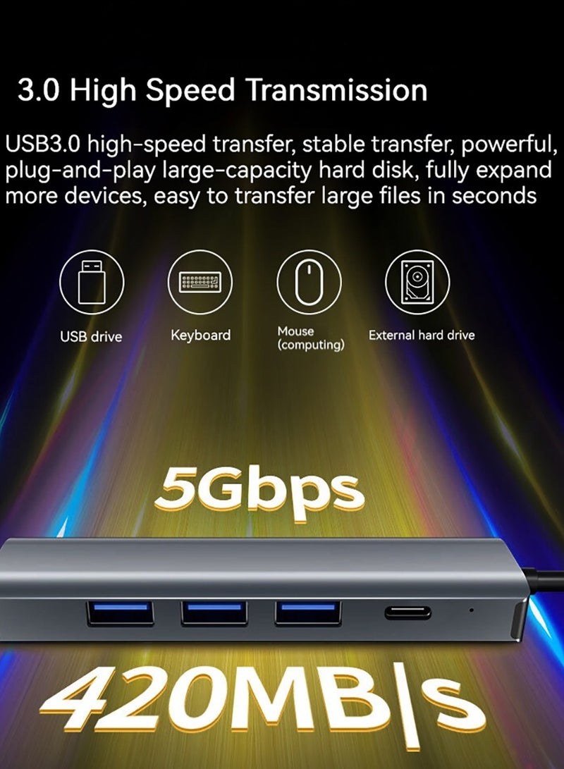 USB to Ethernet Adapter, 5 in 2 USB Hub with Ethernet, Plug and Play, Multiport Network Adapter with 3 USB 3.0 Port, Gigabit RJ45, USB-C Power Port Compatible for Laptop MacBook XPS Windows 11 - Image 3