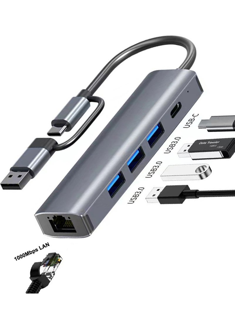 USB to Ethernet Adapter, 5 in 2 USB Hub with Ethernet, Plug and Play, Multiport Network Adapter with 3 USB 3.0 Port, Gigabit RJ45, USB-C Power Port Compatible for Laptop MacBook XPS Windows 11 - Image 1