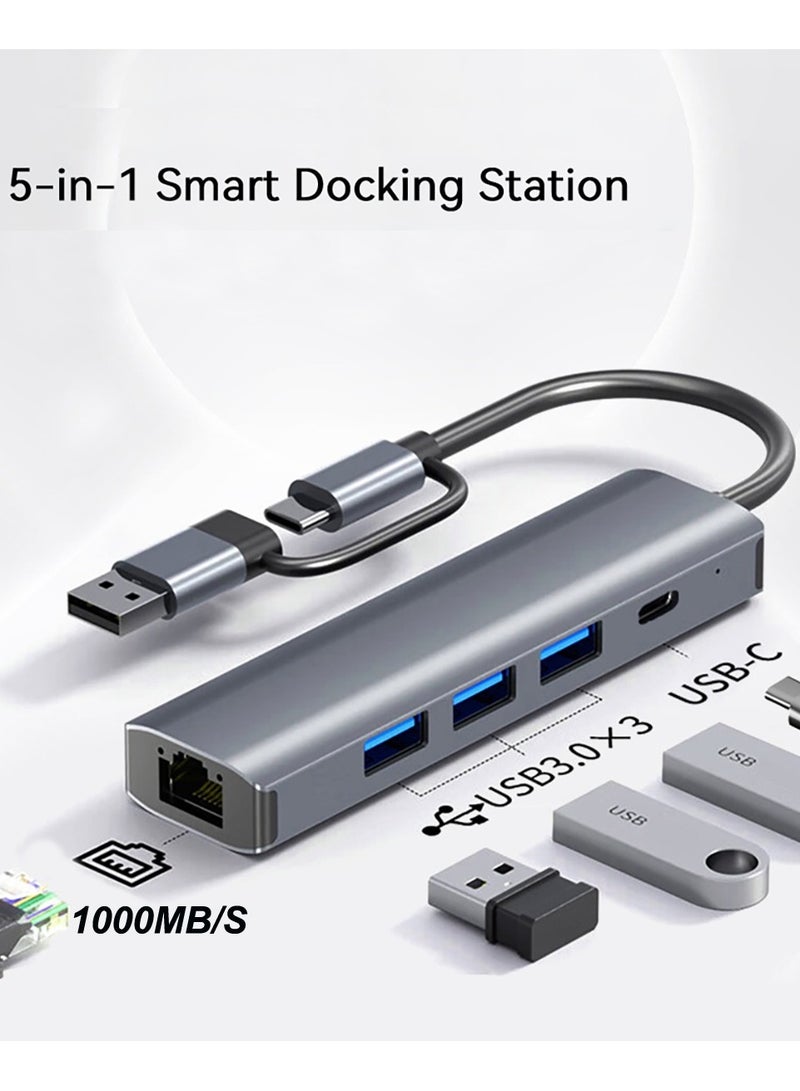 USB to Ethernet Adapter, 5 in 2 USB Hub with Ethernet, Plug and Play, Multiport Network Adapter with 3 USB 3.0 Port, Gigabit RJ45, USB-C Power Port Compatible for Laptop MacBook XPS Windows 11 - Image 4