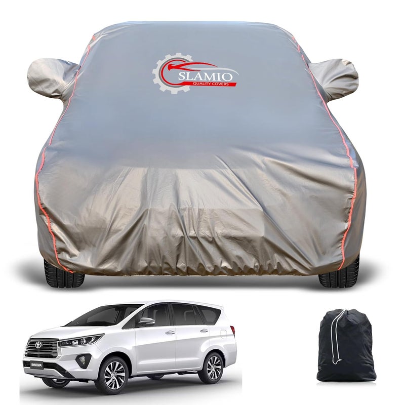 Slamio Heavy-Duty Car Body Cover for Toyota Innova | Waterproof, Dustproof, UV Protection, Custom Fit, Heavy Belt & Buckle with Mirror & Antenna Pocket | Dark Grey - Image 1
