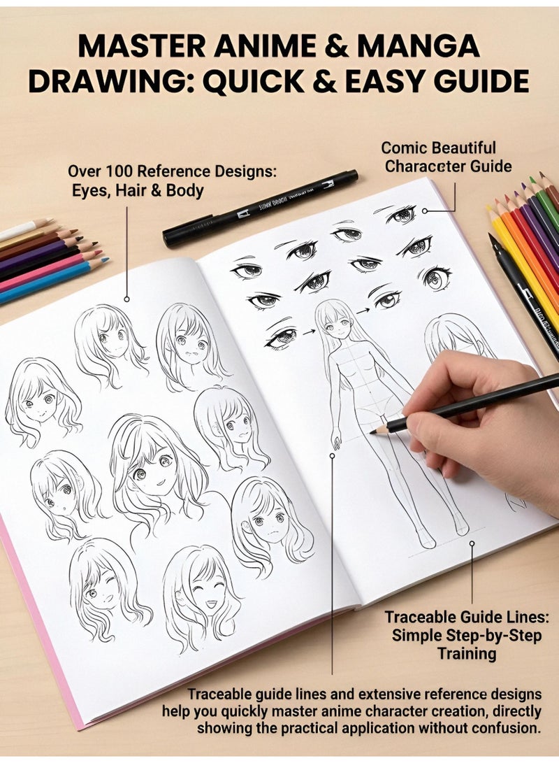 كتاب رسم وتلوين انمي مانغا للفتيات من اورا ستايل، دفتر تدريب على التتبع للمبتدئين وتخفيف التوتر، نمط كاواي - Image 2