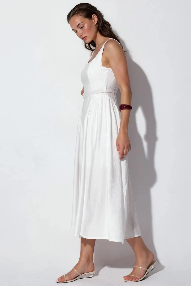 بوسيم BUSEM Square Collar Belted Midi Dress