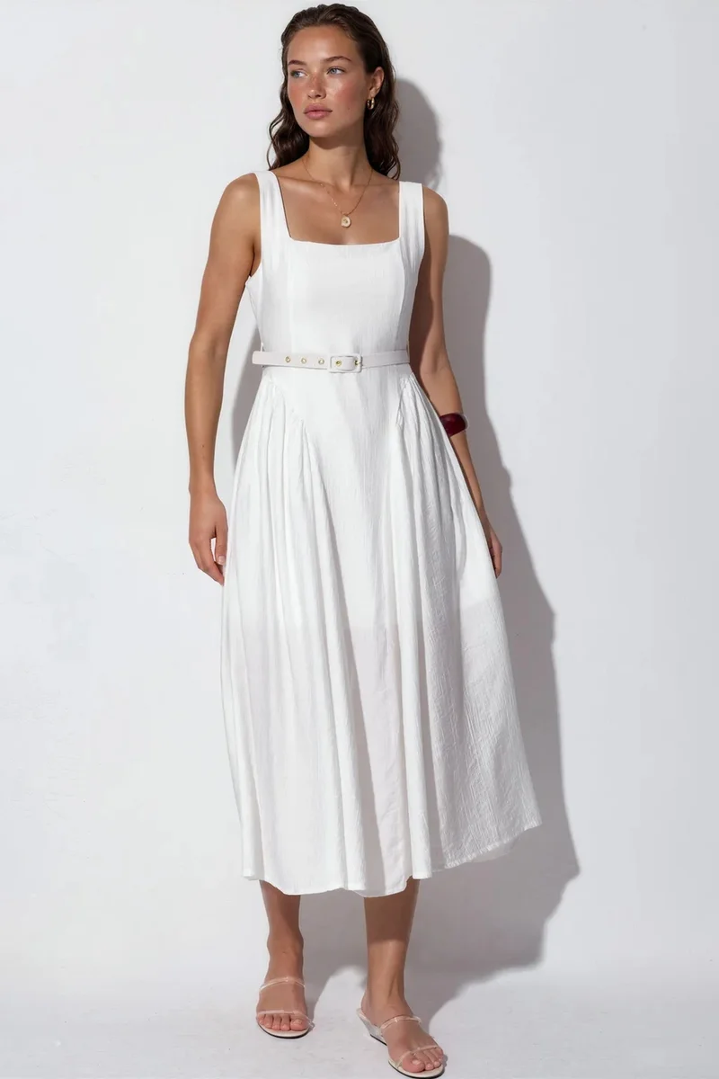 BUSEM Square Collar Belted Midi Dress