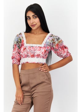 Hope & Ivy Women Square Neck Long Sleeves Floral Print Top, Pink Combo  - Image 1