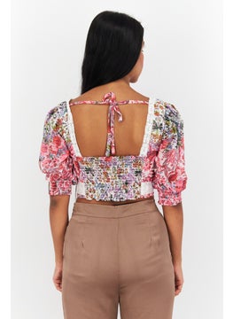 Hope & Ivy Women Square Neck Long Sleeves Floral Print Top, Pink Combo  - Image 2