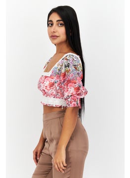 Hope & Ivy Women Square Neck Long Sleeves Floral Print Top, Pink Combo  - Image 3
