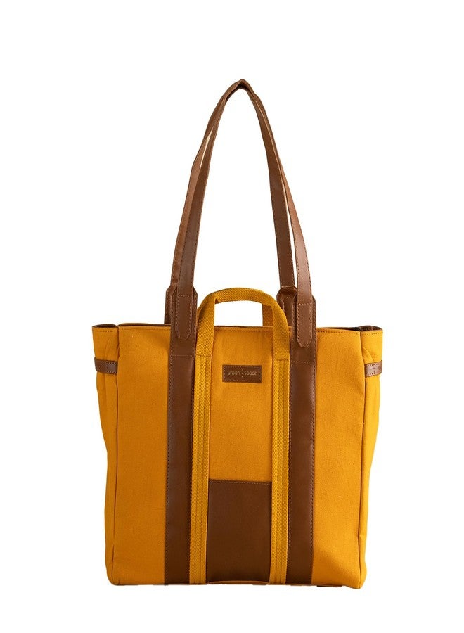Urban Space Women Tote Bag | Canvas Handbag with Zip closure | Tote Bag for Office | Handcrafted Ladies Shoulder Purse for Office | Laptop bag | Padded Laptop space For Upto 16" - Mustard yellow - Image 1