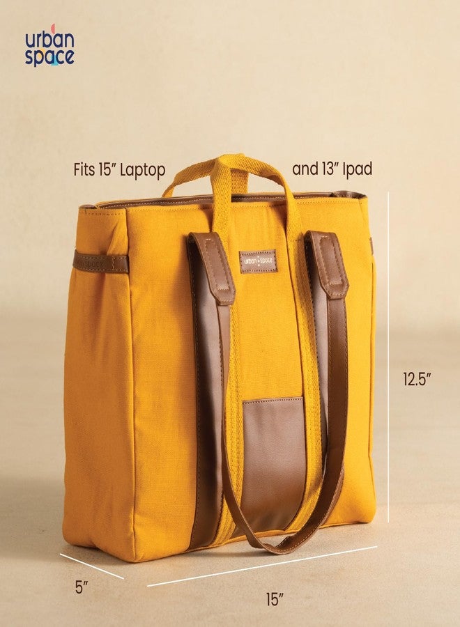 Urban Space Women Tote Bag | Canvas Handbag with Zip closure | Tote Bag for Office | Handcrafted Ladies Shoulder Purse for Office | Laptop bag | Padded Laptop space For Upto 16" - Mustard yellow - Image 2