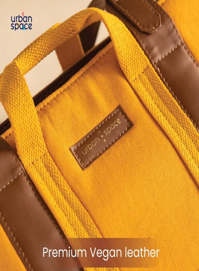 Urban Space Women Tote Bag | Canvas Handbag with Zip closure | Tote Bag for Office | Handcrafted Ladies Shoulder Purse for Office | Laptop bag | Padded Laptop space For Upto 16" - Mustard yellow - Image 3