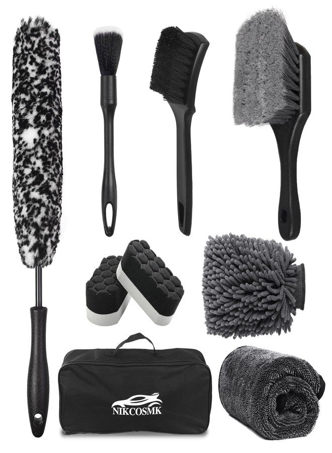 NIKCOSMK 9Pcs Car Wheel & Tire Brush Kit, Wheel Cleaner Brush, Soft-bristled Rim Brush, Car Drying Towel (36"x 24"), Tire Shine Applicator Pad, Car Wash Mitt, Car Detailing Cleaning Wash Brush Supplies Kit - Image 1