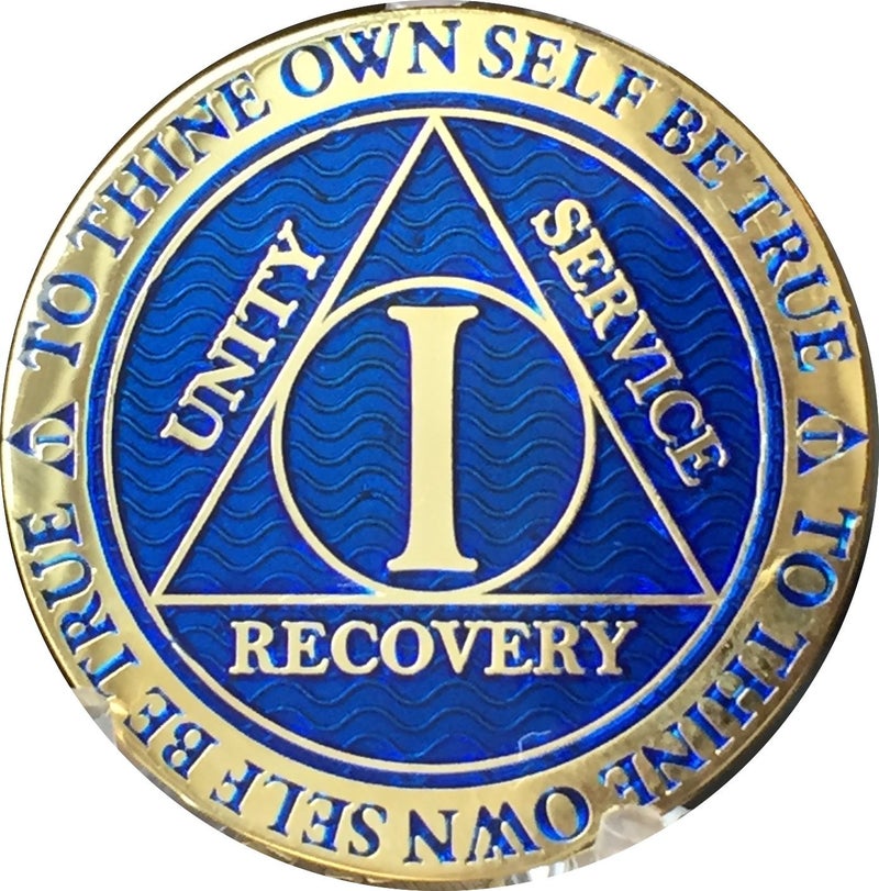 1 Year AA Medallion Dusty Blue Color Gold Plated Sobriety Chip Serenity Prayer Back