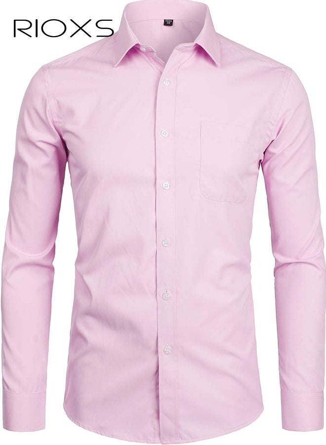 ريوكس قميص رسمي رجالي وردي اللون، قميص رسمي بأكمام طويلة بياقة قائمة مع جيب على الصدر، ملابس مكتبية كاجوال للعمل، قماش خفيف الوزن يسمح بمرور الهواء، قميص رجالي بياقة طويلة بأزرار لأسفل، قميص رسمي متعدد الاستخدامات لجميع المواسم، قميص رسمي وردي لضيوف حفل الزفاف، ملابس مناسبة لحفلات العشاء - Image 1