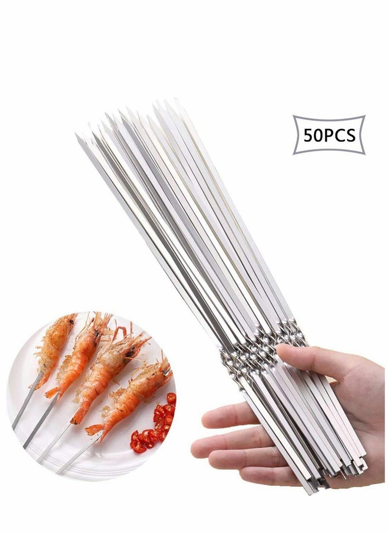 Excefore - 50PCS BBQ Skewers Stainless Steel Skewers Meat Sticks BBQ Kebab Skewers Metal Flat Roasting Fork Turkish Grill Skewer Camping Picnic Tool - Image 1