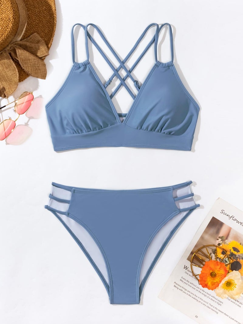 Tainehs Women's Push Up V Neck Bikini Sets Criss Cross Back Two Piece Bathing Suit Gray Blue - Image 4