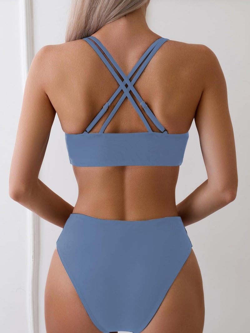 Tainehs Women's Push Up V Neck Bikini Sets Criss Cross Back Two Piece Bathing Suit Gray Blue - Image 3