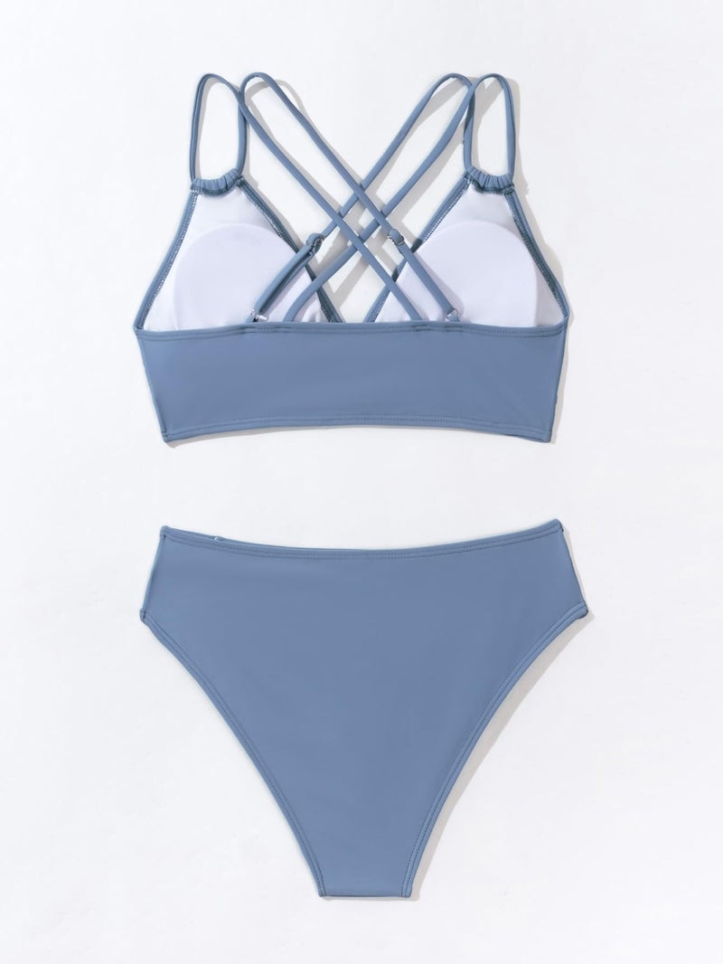 Tainehs Women's Push Up V Neck Bikini Sets Criss Cross Back Two Piece Bathing Suit Gray Blue - Image 5