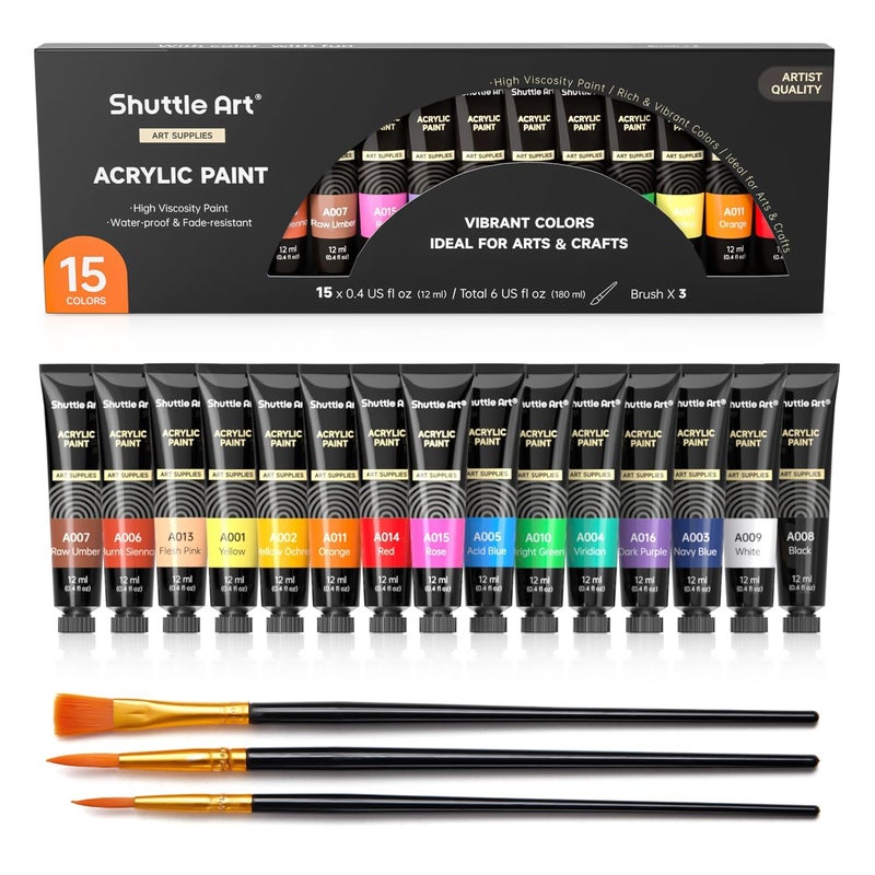 Shuttle Art Acrylic Paint Set 15 x 12ml Tubes Artist Quality Non Toxic Rich Pigments Colors Perfect for Kids Adults Beginners Artists Painting on Canvas Wood Clay Fabric Ceramic Crafts