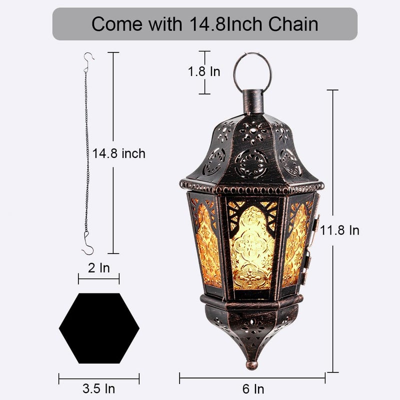 NEEDOMO Hanging Moroccan Lantern, 13.5'' Vintage Metal Candle Holder with 14.8" Chain, Ramadan Lanterns Decorative Indoor Outdoor for Home, Table, Patio, Porch, Christmas,Halloween, Spring (Amber) - Image 3
