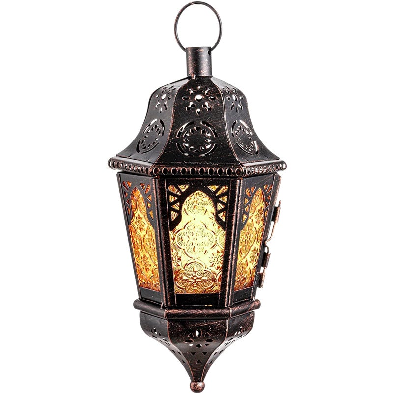 NEEDOMO Hanging Moroccan Lantern, 13.5'' Vintage Metal Candle Holder with 14.8" Chain, Ramadan Lanterns Decorative Indoor Outdoor for Home, Table, Patio, Porch, Christmas,Halloween, Spring (Amber) - Image 1