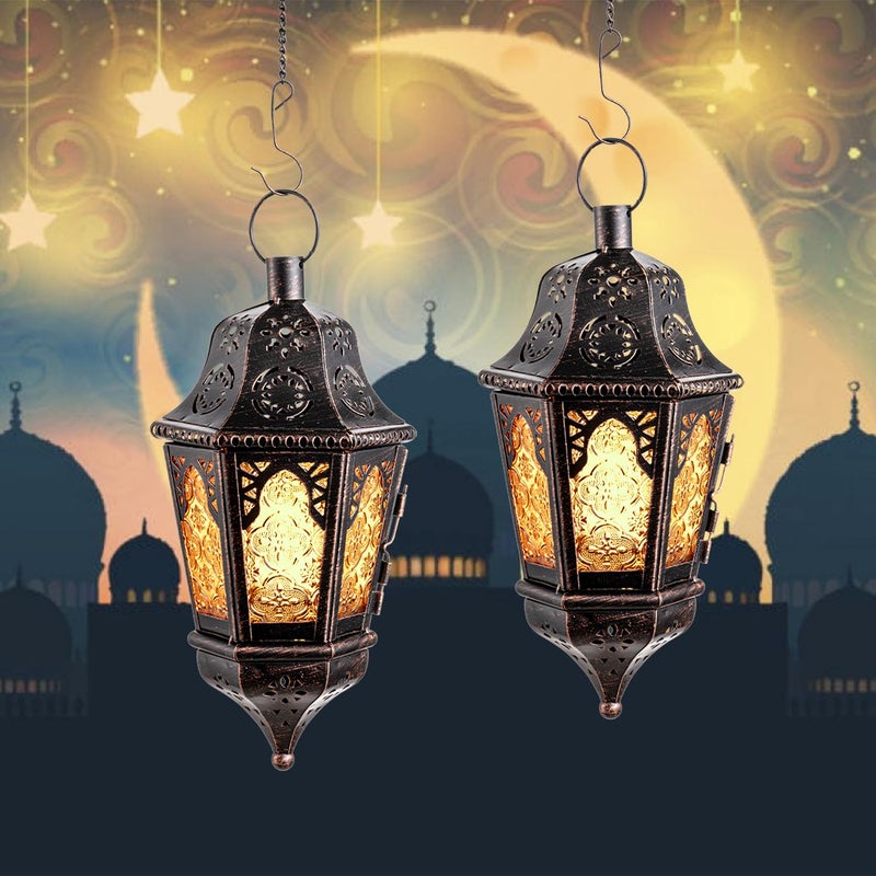 NEEDOMO Hanging Moroccan Lantern, 13.5'' Vintage Metal Candle Holder with 14.8" Chain, Ramadan Lanterns Decorative Indoor Outdoor for Home, Table, Patio, Porch, Christmas,Halloween, Spring (Amber) - Image 2