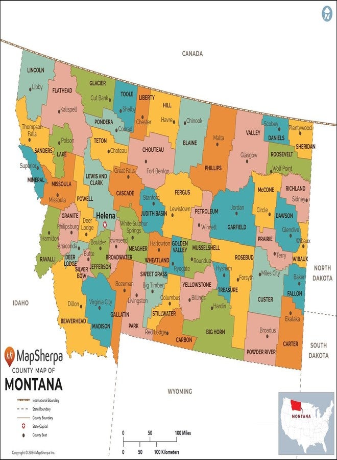 MapSherpa Montana Counties Map - Poster - 33.75 x 27 inch Poster - Front Lamination - Image 1