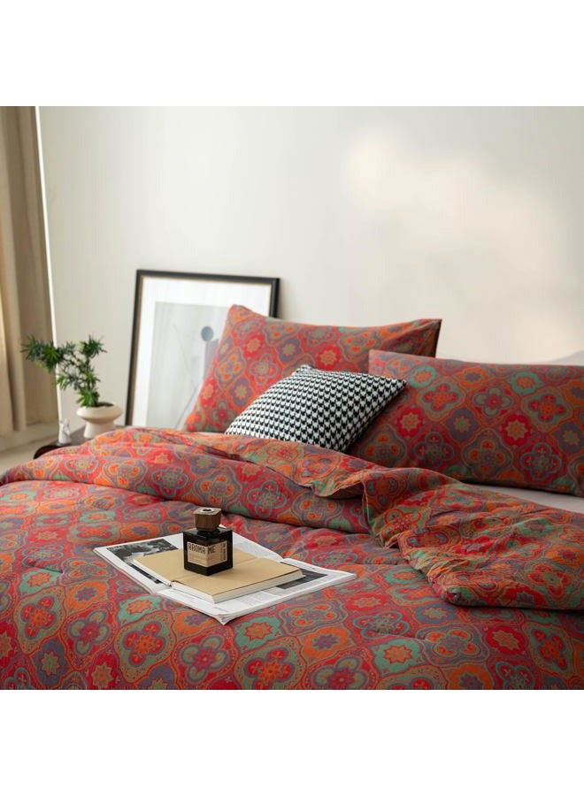 Purefair 100% Cotton Muslin Jacquard Comforter Set, Rustic Farmhouse Floral Print, Soft Lightweight Reversible 3 Piece Bedding Sets for All Season, Red, Full/Queen(90"x90") - Image 4