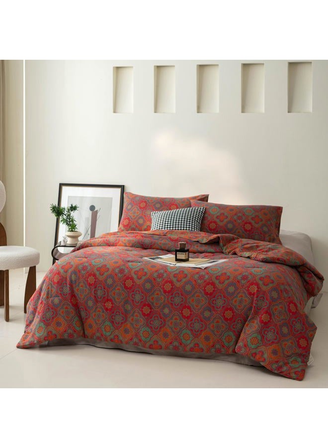 Purefair 100% Cotton Muslin Jacquard Comforter Set, Rustic Farmhouse Floral Print, Soft Lightweight Reversible 3 Piece Bedding Sets for All Season, Red, Full/Queen(90"x90") - Image 3
