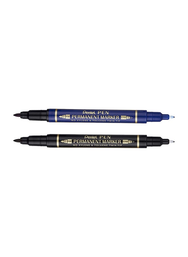 Pentel Twin Tip Permanent Marker Blue And Black Ink 2 Piece Set 