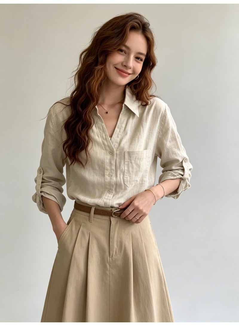 زارا ZARA Women’s Linen Blend Roll Tab Long Sleeve Button Down Shirt - Image 1